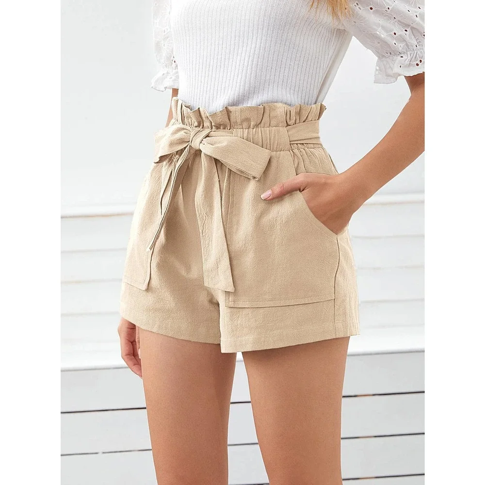 Boho Paperbag Belted Shorts high waist with pockets - olive green - Picture 7 of 11